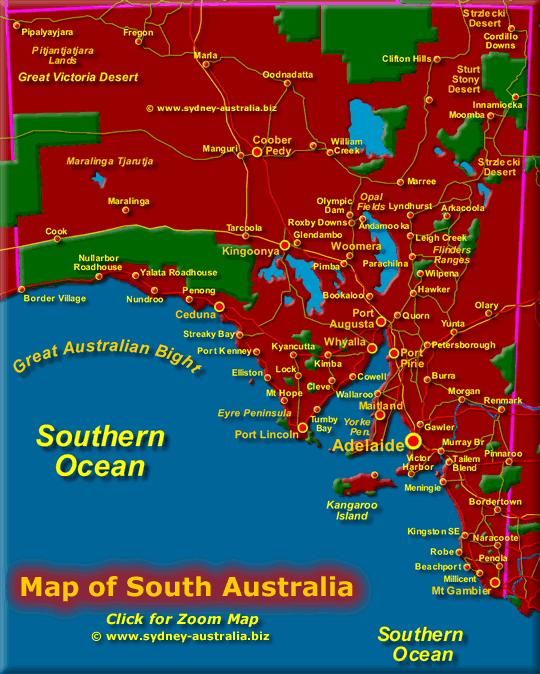 Map of South Australia showing Towns, Cities and Places