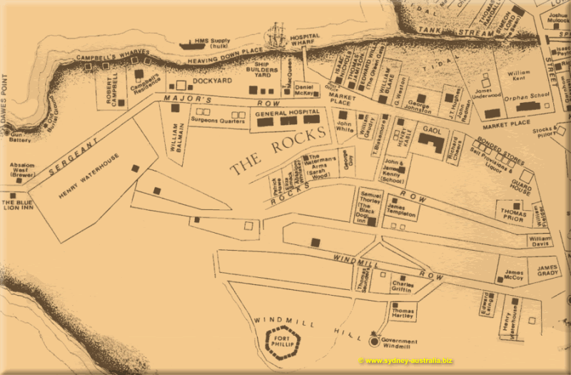 Map showing The Rocks in the Early 1800s.