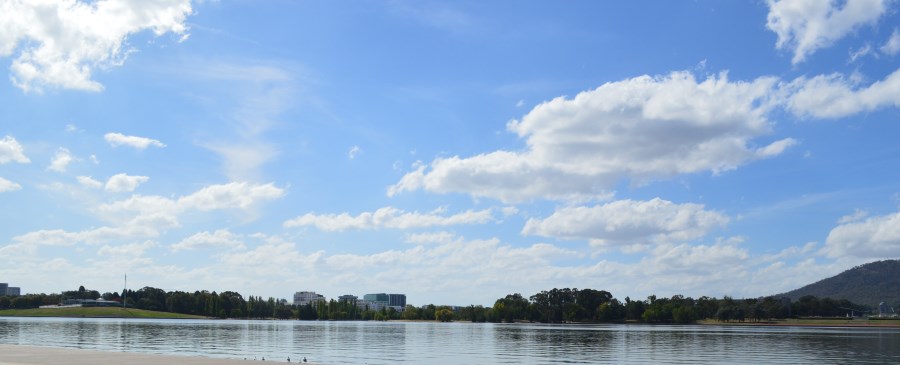 Lake Burley Griffin looking North. War Memorial on the right and the National Capital Exhibition on the left