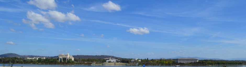 Lake Burley Griffin. View showing from left to right: National Gallery, High Court, Old and New Parliament Houses and the National Library