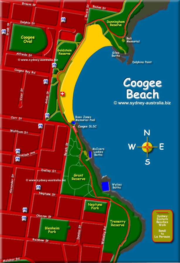 Coogee Beach Map with Places to Visit © www.sydney-australia.biz