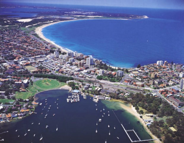 Sydney’s Cronulla Beaches, showing the train station and the long sandy crescent