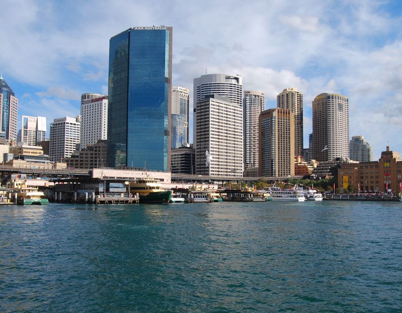 The south-east corner of Circular Quay at the foot of the City. Here there are trains, ferries, buses and taxis.