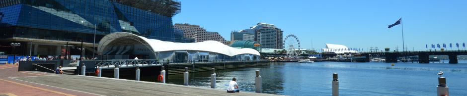 Darling Harbour Attractions: Sydney Pavillion on the left, National Maritime Museum in the Center