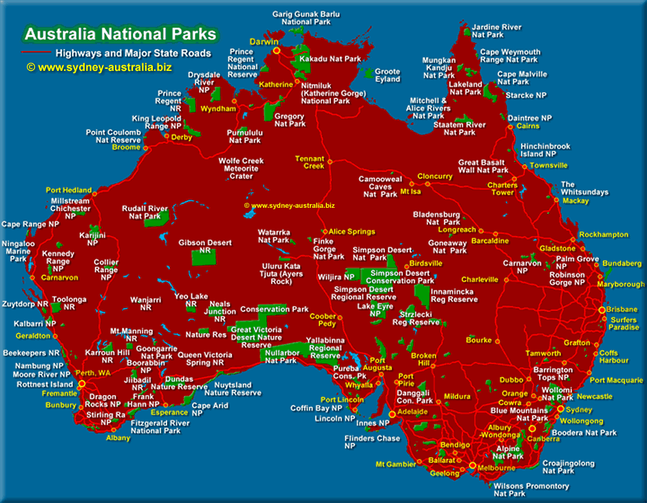 National Parks in Australia - Click to See the National Highways Map
