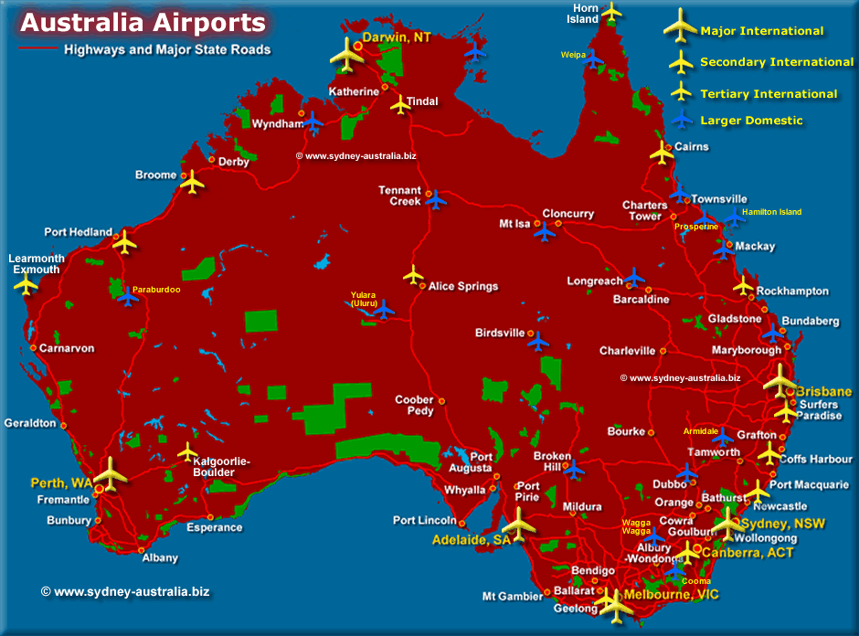 Map showing Airports in Australia