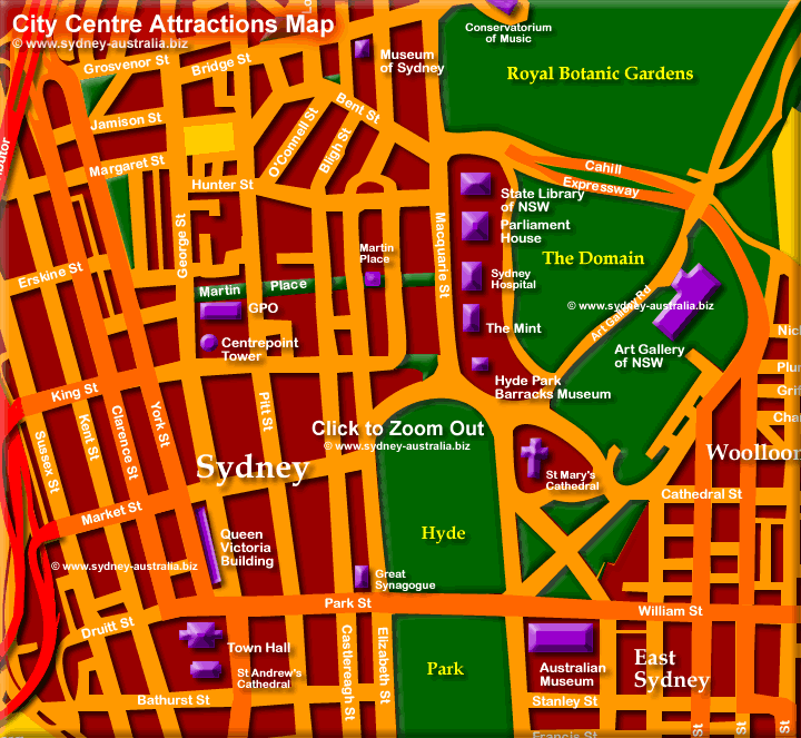 Sydney CBD Map of Attractions. Click to Zoom Out: © www.sydney-australia.biz