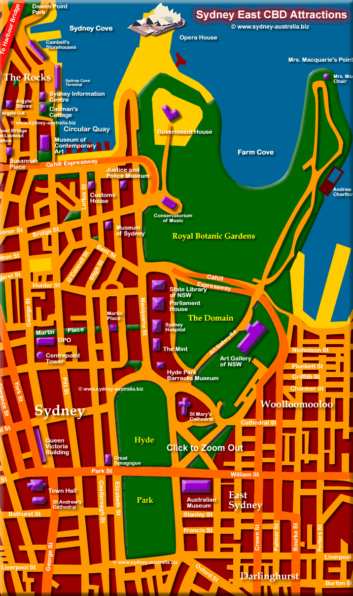 Map of Sydney Business District East - Click to Zoom Out © www.sydney-australia.biz
