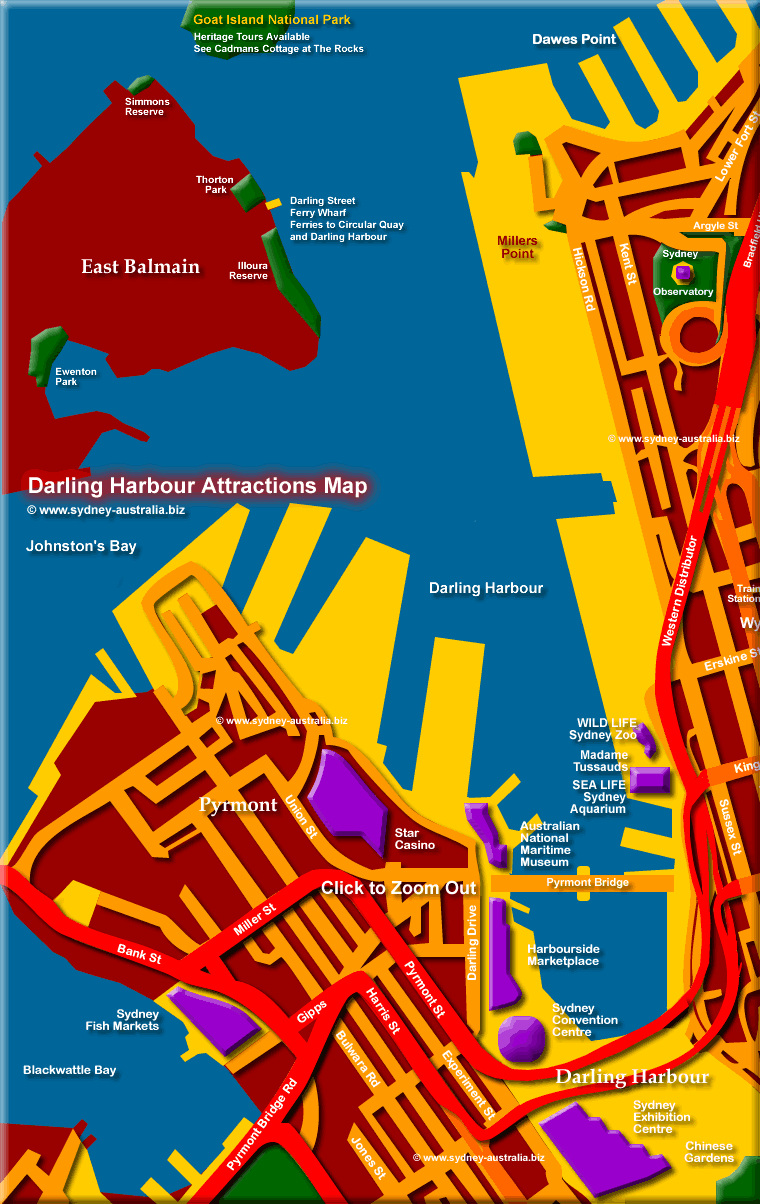 Map of Darling Harbour, Sydney Attractions and Museums. Click to Zoom Out © www.sydney-australia.biz