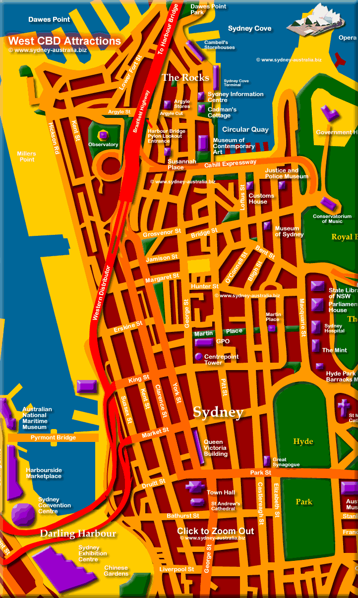 Sydney Central Business District Map - Click to Zoom Out © www.sydney-australia.biz