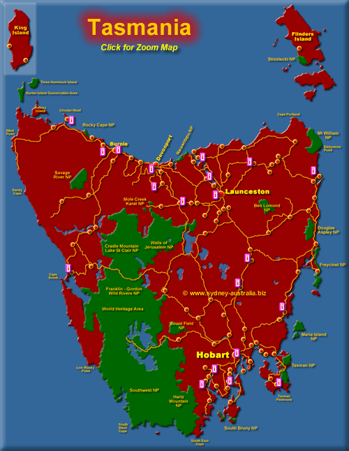 Tourist Map of Tasmania showing towns, national parks and other places to visit. Click for Zoom map.