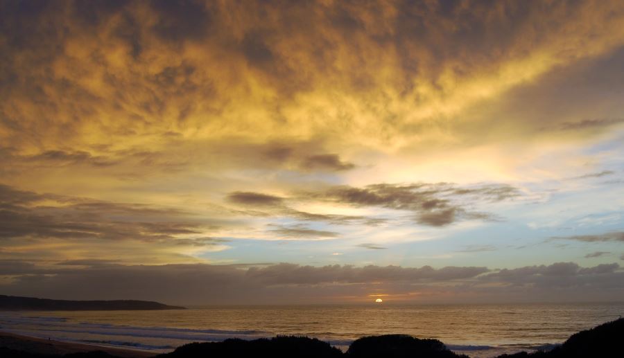 Sunrise: Coastal heathland, dunes, wind twisted trees, lakes and waterways are found in Bournda National Park.