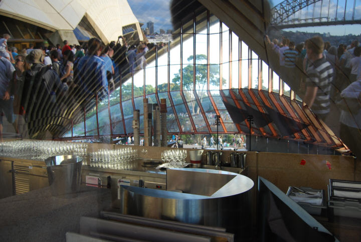 Reflections in the Sydney Opera House Restaurant Window - People, SOH and Harbour Bridge