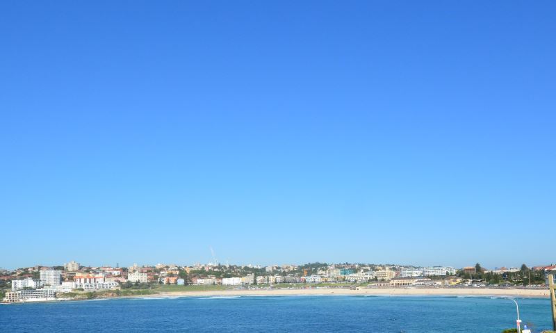 Showing the magnificent crescent shape of Bondi Beach. Photo taken on a clear winter day.
