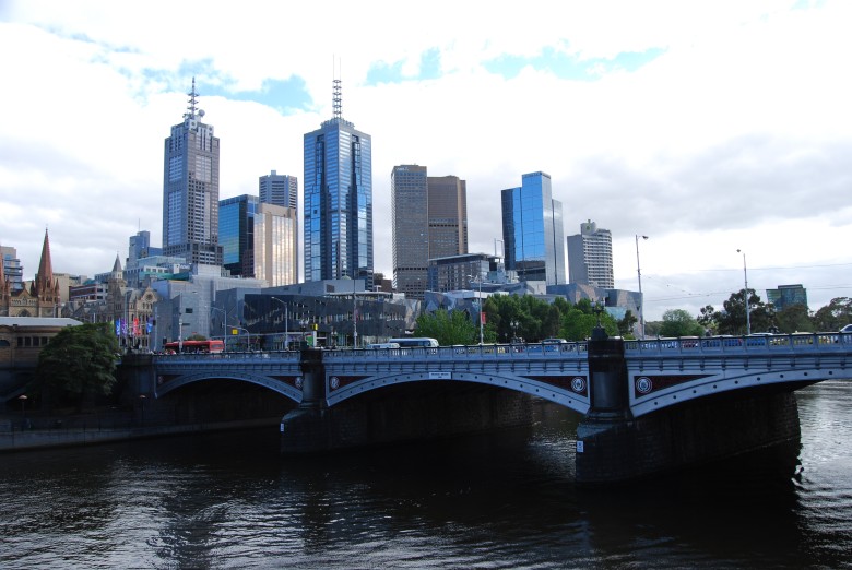 Yarra River - Melbourne CBD Princes Bridge with Federation Square in the background, Flinders St. Station extreme left.